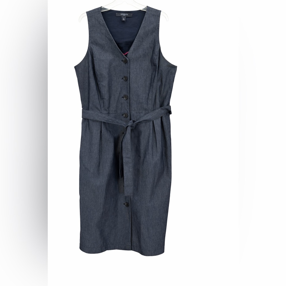 Liz Claiborne Denim Button Front Belted Midi Dress Sleeveless V-Neck Blue Casual - Picture 2 of 13